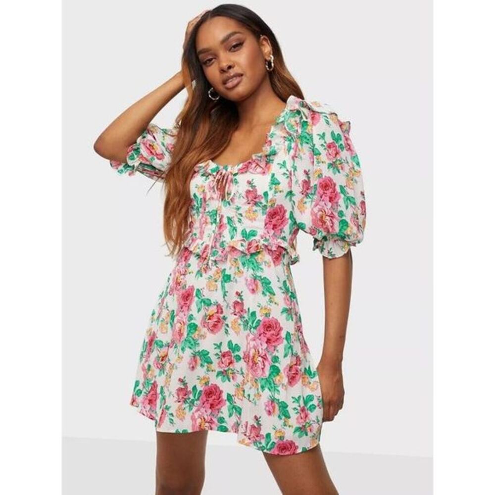 For Love & Lemons Dress White Pink Floral Open Back Ruffles Babydoll Mini Sz XS